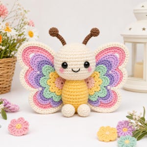 Peut inclure: Un papillon crocheté à la tête crème et au corps jaune. Les ailes sont multicolores, avec du rose, du violet, du vert et du jaune. Il a de petites antennes marron et un visage souriant. Un objet décoratif charmant.