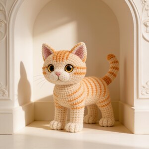 Könnte beinhalten: Ein gehäkeltes Stofftier in Form einer Katze aus cremefarbenem Garn mit orangefarbenen Tabby-Streifen. Die Katze hat große, runde, dunkelbraune Augen, eine kleine rosa Nase und einen langen, aufrechten Schwanz. Die Maschen sind sichtbar.