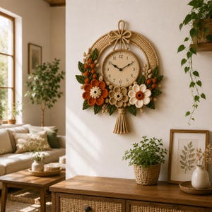 May include: A decorative wall clock with a beige face and black hands, surrounded by a woven rope wreath. The wreath is adorned with crocheted flowers in shades of orange, beige, and white, with green leaves. The clock is hanging on a white wall.