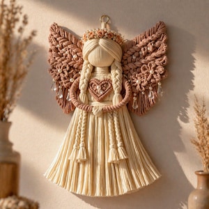 May include: A handcrafted macrame angel wall hanging. The angel features a cream-colored dress, braided hair, and a heart-shaped chest. The wings are a dusty rose color, adorned with pearls and crystals. A floral crown sits atop the head.