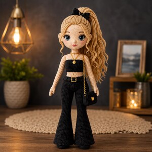Puede incluir: Una muñeca de ganchillo con largo cabello rubio ondulado en una coleta alta con un lazo negro. La muñeca viste un top negro sin tirantes, pantalones negros acampanados con cinturón, un collar de cadena dorada y un pequeño bolso negro con cadena.