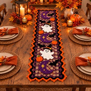 Modèle de chemin de table au crochet pour Halloween, Chemin de table en dentelle Nuit Effrayante (PDF), Appliques Citrouille Fantôme Chauve-souris