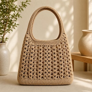 May include: A tan crochet handbag featuring a structured, open-work geometric pattern throughout the body and a solid, reinforced base. The bag includes a single, integrated rounded handle at the top, crafted from the same tan fiber material.
