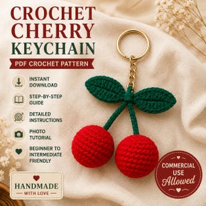 Crochet Cherry Keychain Pattern | Amigurumi Bag Charm, PDF Download