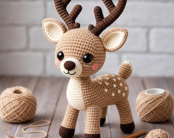 May include: A crocheted deer toy with a light tan body, white chest, and dark brown antlers and hooves. The deer features large black eyes, pink cheeks, and white spots on its back. It is surrounded by balls of yarn, a crochet hook, and scissors.