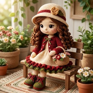 May include: A crocheted doll with long brown curly hair wearing a cream hat with a yellow flower, a red cardigan, and a cream dress with a green ruffled hem. The doll wears green shoes with red laces and holds a small basket of flowers.