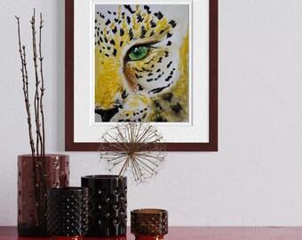 Leopardo Jaguar Ojos Verdes Gato de la Selva Arte Original Óleo Pastel Gran Felino Arte Bella Impresión Giclée 3 Tamaños