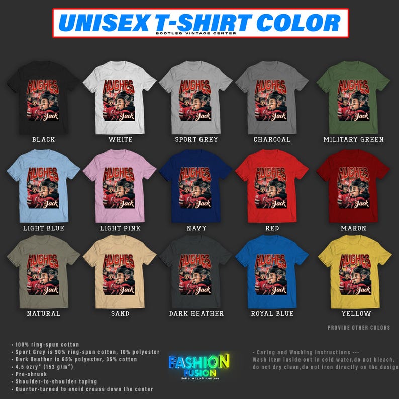 K&ouml;nnte beinhalten: Eine Auswahl an Unisex-T-Shirts in verschiedenen Farben, jeweils mit einem Aufdruck eines Gesichts mit den Namen "Hughes" und "Jack". Farben sind Schwarz, Wei&szlig;, Sportgrau, Anthrazit, Milit&auml;rgr&uuml;n, Hellblau, Hellrosa, Marine, Rot, Kastanienbraun, Natur, Sand, Dunkelgrau, K&ouml;nigsblau und Gelb.