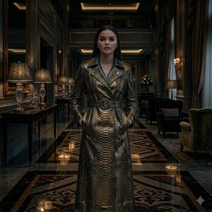 May include: A long, metallic gold trench coat featuring a snakeskin-like texture, a wide notched collar, long sleeves, and a matching belt with a circular buckle cinched at the waist. The coat has a structured fit and reaches below the knees.