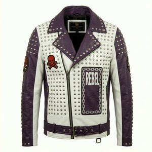 Vit Lila Nitad Läderbikerjacka – Punk Rock Moto Coat med Dödskallelapp