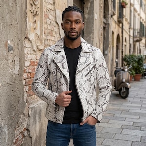 Men's White Snakeskin Leather Biker Jacket Genuine Leather Python Print Moto Motorcycle Coat