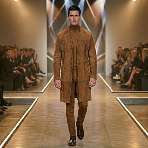 Abrigo de hombre de ante marrón con flecos, chaqueta vaquera estilo western, abrigo largo con borlas.