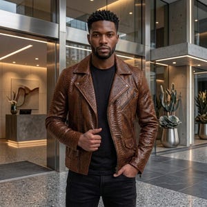 May include: A brown leather jacket with a textured snakeskin pattern, featuring a notched lapel, an asymmetrical front zipper, a zippered chest pocket, and a small flap pocket at the waist, worn over a plain black t-shirt and black trousers.