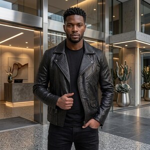 May include: A black motorcycle jacket with a textured snakeskin pattern, featuring a notched lapel, silver-tone metal zippers, and a front pocket with a flap. The jacket is worn over a plain black t-shirt and paired with black trousers.