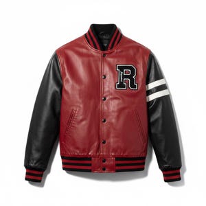 May include: A varsity jacket featuring a red body and black sleeves. The jacket has a black ribbed collar, cuffs, and hem with red stripes. A large white letter R with a black outline is on the left chest. The front closes with black snap buttons.