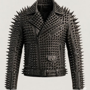 May include: Black leather jacket covered in dark metal spikes. The jacket features a classic asymmetrical zipper closure, a notched collar, and a belt at the waist. The sleeves and shoulders are heavily adorned with long, pointed spikes.