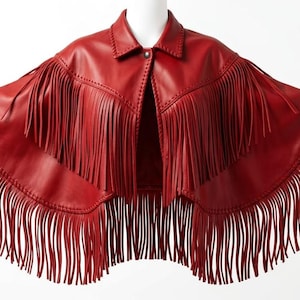 Red Leather Fringe Cape, Genuine Leather Shawl, Festival Statement Outerwear