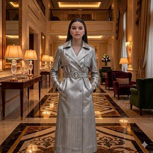 Può includere: Un lungo trench color argento metallizzato con un motivo testurizzato simile alla pelle di serpente, ampi revers, maniche lunghe e una cintura abbinata con fibbia circolare stretta in vita. Il cappotto presenta due tasche laterali e una linea.
