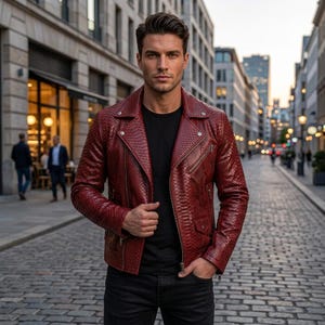 May include: A deep red motorcycle jacket with a textured snakeskin pattern, featuring a wide notched collar, silver-toned metal zips, and snap button details. The jacket is worn over a plain black t-shirt and paired with black trousers.