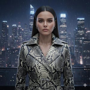 May include: A trench coat featuring a grey and black snakeskin pattern, a wide notched collar, long sleeves, and a matching belt with a rectangular buckle. The garment is worn by a person with dark hair against a blurred city skyline background.