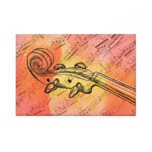 Puede incluir: Pintura a la acuarela de un clavijero y cuerdas de violín sobre un fondo de notas musicales. La obra presenta colores cálidos, incluyendo tonos de naranja, amarillo y rosa, creando una composición vibrante y artística. Se destacan los detalles del violín.