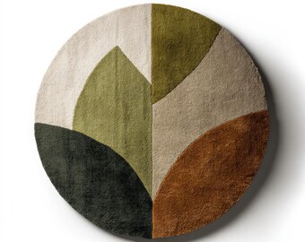 Puede incluir: Una alfombra redonda con un diseño moderno. La alfombra presenta un patrón de formas superpuestas en tonos de verde, marrón y beige, sobre un fondo crema. El diseño de la alfombra es geométrico y abstracto, con un aspecto suave y texturizado.