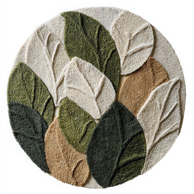 Hand Tufted Wool Round Rug, Modern Botanical Leaf Area Carpet, Olive ...