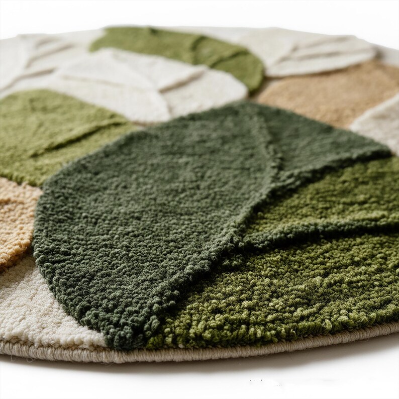 Hand Tufted Wool Round Rug, Modern Botanical Leaf Area Carpet, Olive ...