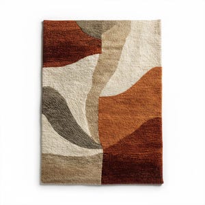 Könnte beinhalten: Rechteckiger Teppich mit abstraktem Design. Die Oberfläche ist strukturiert und die Farbpalette umfasst Rost-, Beige-, Braun- und Grautöne. Das Design umfasst geschwungene und geometrische Formen, die eine moderne Ästhetik schaffen.