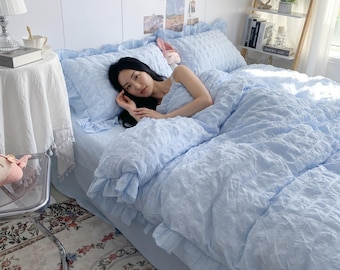 4 Pcs Lace Ruffles Bedding Set, Duvet Cover Pillowcase Set, Textured Quilt Cover Collection, Soft Elegant Bedroom Decor, Princess Bedding