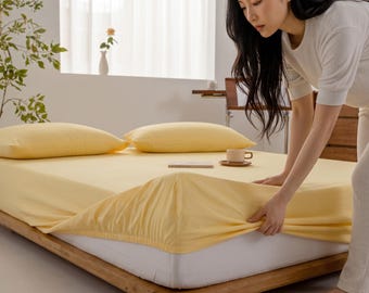 Pure Cotton Fitted Sheet, Deep Pocket Mattress Cover, Elastic Bed Sheet, Casual Comfy Breathable Bedsheet, Minimalist Bedroom Decor