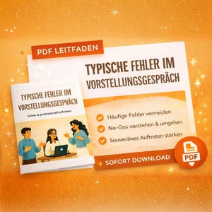 Op de afbeelding: Promotieafbeelding voor een PDF-gids getiteld "TYPISCHE FEHLER IM VORSTELLUNGSGESPRÄCH" (Typische fouten in sollicitatiegesprekken). De cover toont illustraties van mensen in een zakelijke omgeving. De gids belooft te helpen veelvoorkomende fouten te vermijden.