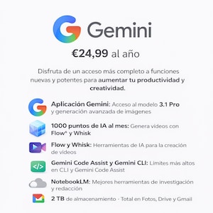 Op de afbeelding: Een promotionele afbeelding voor Gemini, met het Gemini-logo, een blauwe en oranje G. Tekst bevat "€24,99 per jaar" en details over functies zoals het genereren van afbeeldingen, het maken van video's en onderzoekstools. De afbeelding staat op een witte achtergrond.