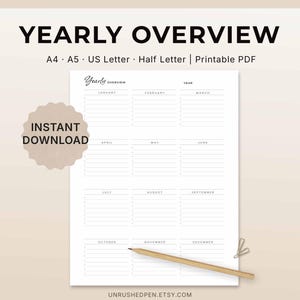 Yearly Overview Planner – List Layout |A4, A5, Letter, Half | Fillable PDF