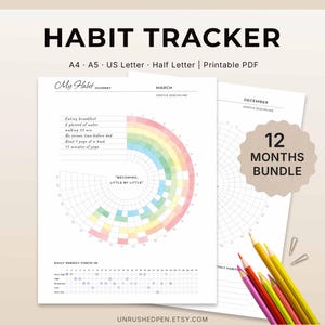 Paquete de seguimiento de hábitos minimalista: mensual, semanal, diario (A4, A5, carta, media página) y PDF imprimible.