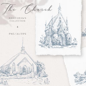 May include: A collection of hand-drawn church illustrations in a soft blue hue. The images feature various church architectural styles, including detailed spires, arched doorways, and surrounding foliage. The text "The Church" and "Hand-Drawn Collection" are also visible.