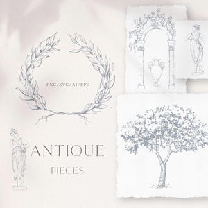 Könnte beinhalten: Eine Sammlung digitaler Illustrationen im Antik-Stil in Graustufen. Das Bild zeigt einen Lorbeerkranz, einen klassischen Torbogen mit einer Vase, eine Statue und einen Baum. Der Text "ANTIQUE PIECES" ist ebenfalls vorhanden.