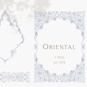 May include: Digital artwork showcasing light blue, ornate frames and borders with an oriental design. The word "ORIENTAL" is displayed in a brown font. The image also includes the text "7 PNG" and "AI/EPS".