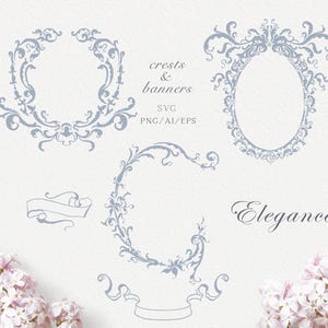 May include: An illustration featuring ornate, light blue crests, banners, and frames. The text "crests & banners" and "SVG PNG/AI/EPS" are visible. The word "Elegance" is also displayed in a script font. Floral elements are present in the corners.