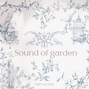 May include: A vintage illustration with a light background features birds, floral elements, and decorative objects. The phrase "Sound of garden" is written in brown text. The design includes a bird perched on a lantern and a harp.