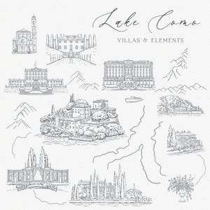 May include: An illustrated map of Lake Como, featuring detailed sketches of villas, buildings, mountains, and a boat. The text "Lake Como Villas & Elements" is written in a script font at the top of the image. The artwork is in shades of gray.