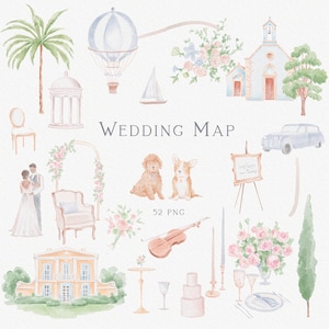 Puede incluir: Ilustraciones en acuarela con temática de boda, que incluyen un globo aerostático, una iglesia, un velero y una pareja. Se muestra el texto "WEDDING MAP". Otros elementos incluyen un coche, perros, flores y un violín.