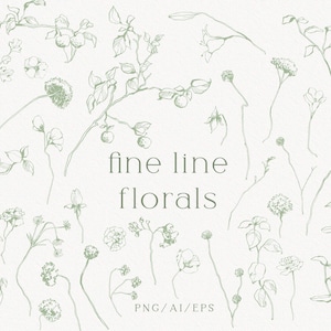 Puede incluir: Una colección de delicadas ilustraciones florales de línea fina en un suave tono verde, con varios elementos botánicos como flores, hojas y tallos. Las palabras "fine line florals" se muestran en el centro de la imagen.