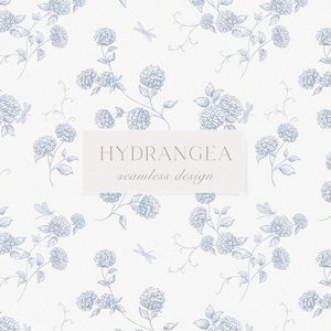 May include: A seamless pattern featuring light blue line-art illustrations of hydrangea flowers and dragonflies on a white background. A central rectangular label displays the text HYDRANGEA seamless design in dark gray lettering.