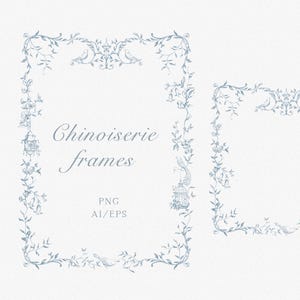 May include: Two Chinoiserie frames in a soft blue hue, featuring intricate floral and bird designs. The frames are rectangular, with the text "Chinoiserie frames" and file type information. The delicate illustrations evoke a vintage aesthetic.