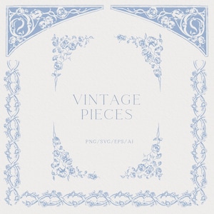 May include: A collection of light blue vintage design elements, including corner pieces, borders, and floral accents. The text "VINTAGE PIECES" is displayed in a matching light blue font. File formats include PNG, SVG, EPS, and AI.