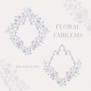 Pode incluir: Dois emblemas florais azul-claros com padrões de rosas intrincados e molduras ornamentadas. O texto "FLORAL EMBLEMS" e "PNG/SVG/AI/EPS" está impresso numa fonte cinzenta escura. Os desenhos estão num fundo esbranquiçado texturado.