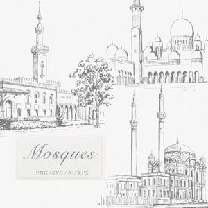May include: A collection of detailed, grayscale sketches of various mosques. The image includes architectural drawings of minarets, domes, and building facades. A rectangular label at the bottom reads "Mosques" with file type information.