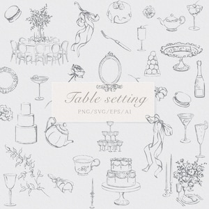 Puede incluir: Una colección de ilustraciones dibujadas a mano de elementos de mesa, incluyendo pasteles, copas de champán, tazas de té y arreglos florales. El texto "Table setting" se muestra en una pancarta, con "PNG/SVG/EPS/AI" debajo.