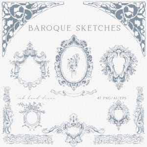 Puede incluir: Una colección de bocetos barrocos dibujados a mano con tinta gris, que incluyen marcos ornamentados, esquinas decorativas y adornos florales. El texto "Baroque Sketches" se muestra en la parte superior.